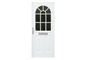 door with two panels and a sunburst window