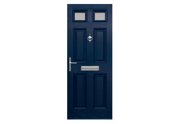 door with four panels and two square windows