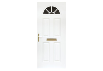 door with four panels and a sunburst window