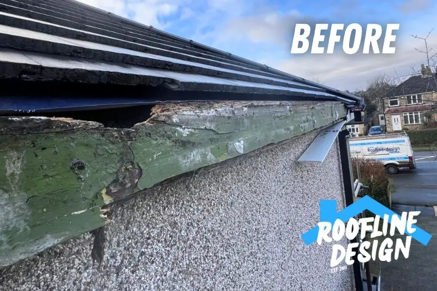 Damaged roofline with peeling green paint and exposed wood, labeled "BEFORE" with a van in the background.