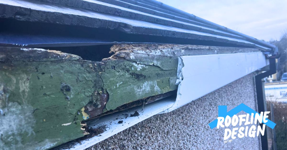 Damaged roofline fascia showing rot installed In Leeds - Roofline Design UK.