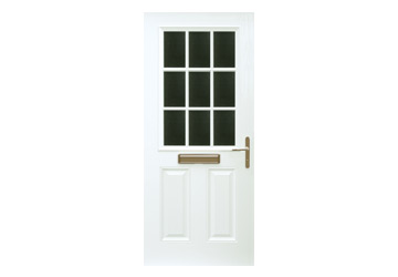 White door with a glass panel divided into six sections and a bronze handle at the center.