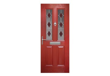 Red door with two diamond-patterned glass panels and a silver handle.
