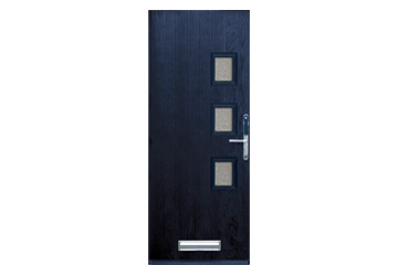 Black wooden door with three rectangular glass panels and a silver handle.