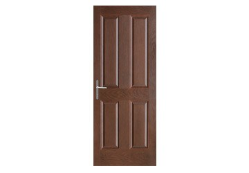 Brown wooden door with a six-panel design and silver handle.