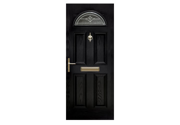 Black front door with six panels, brass handle, and decorative glass window at the top.