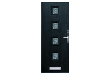 Black entry door with four rectangular glass panels and a silver handle.
