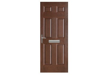 Brown wooden door with six panels and a silver handle on the left.