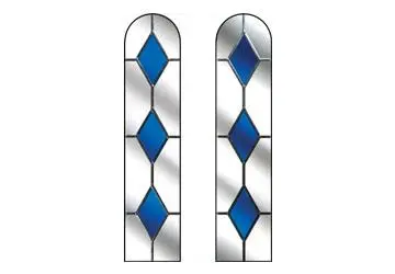 Stained glass panels featuring blue diamond shapes and a clear border, arranged in an elongated rectangular design.
