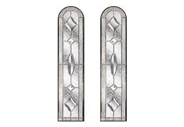 Stained glass window panels with geometric designs and a central oval accent