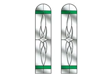 Stained glass windows with elongated shapes and green accents.