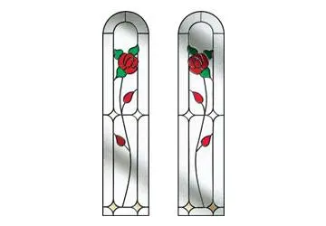 Stained glass windows with red roses and green leaves on a white background, featuring arched tops and geometric patterns.