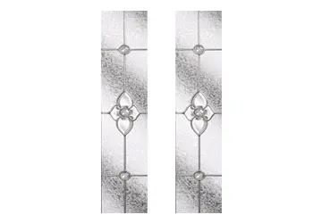 Stained glass window panels with a floral design and geometric patterns.