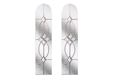Stained glass panels featuring a symmetrical design with rounded tops and geometric patterns.