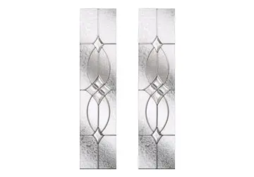 Two vertical decorative glass panels with intricate geometric designs in a clear and frosted finish.
