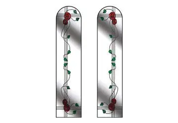 Stained glass panels with rose and vine designs in red and green.