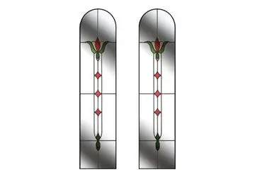 Stained glass panels with floral designs and geometric shapes in shades of red and green.