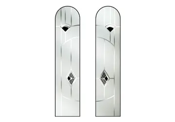 Vertical glass doors with arched tops, featuring a diamond-shaped design in the center.