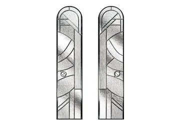 Stained glass design featuring abstract geometric shapes in black and white.