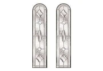 Stained glass panels with geometric designs and central vertical cut-outs, framed in black.