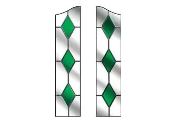 Stained glass panels with green diamond patterns outlined in white.