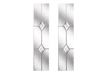Two vertical glass panels with geometric diamond patterns in a silver color scheme.