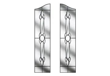 Stained glass window panels with geometric patterns and gothic-style shapes on clear glass.