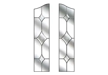 Stained glass panels with diamond patterns and shaped edges, arranged vertically in two sections.
