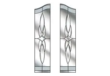 Stained glass window panels featuring symmetrical leaf and star patterns.