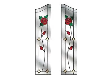 Stained glass panels featuring red roses and green leaves with geometric designs.