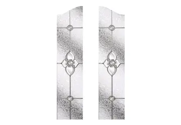 Stained glass panels with floral designs and geometric shapes on a white background.