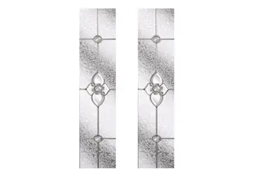 Stained glass panels with floral and geometric designs in a symmetrical arrangement.