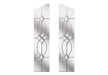 Stained glass panel set with geometric designs and a clear border