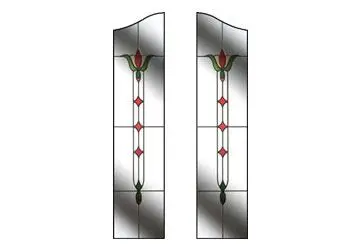 Stained glass panels with geometric shapes and floral designs in green, red, and white.