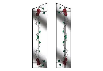 Stained glass design featuring red roses and green leaves on two vertical panels.
