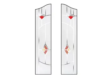 Stained glass panel design featuring geometric shapes, red accents, and diamonds on a white background.