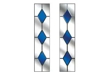 Blue diamond shapes within silver and white stained glass panels arranged vertically.