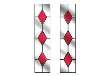 Stained glass panel design featuring two vertical sections with alternating red diamonds and clear glass.