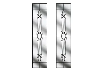 Stained glass panels with geometric designs and clear outlines.
