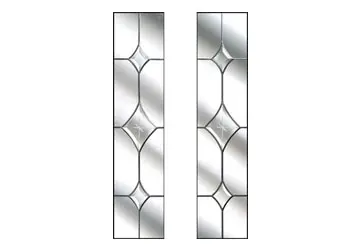 Two vertical decorative glass panels with geometric designs and an etched pattern.