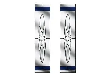 Stained glass panels with abstract designs and blue accents on a white background.