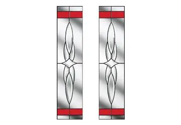 Stained glass panels featuring geometric designs with red accents and clear areas.