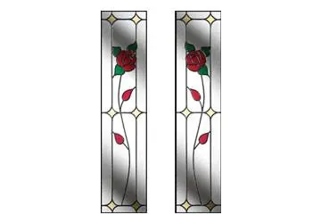 Two vertical stained glass panels featuring red roses and green leaves on a white background.