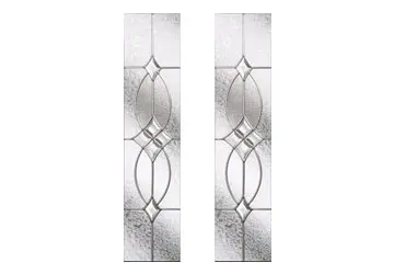 Decorative glass panels with geometric patterns and clear and frosted sections.
