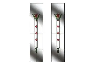 Stained glass panels featuring rose and green leaf designs with geometric accents.