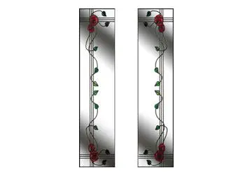 Stained glass panels featuring red roses and green leaves on a white background.