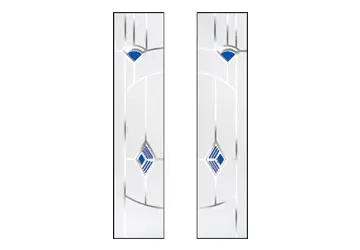 Two vertical decorative glass panels with blue diamond shapes and abstract line designs.