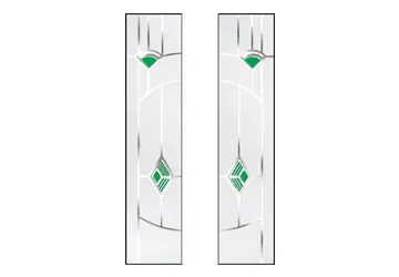 Stained glass window panels with geometric patterns and green diamond accents.