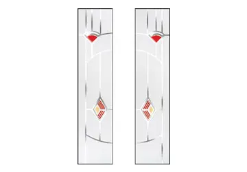 Stained glass panel design featuring geometric shapes in red and clear glass in a vertical alignment.