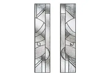 Stained glass design featuring geometric shapes and circular elements in a monochrome color scheme.